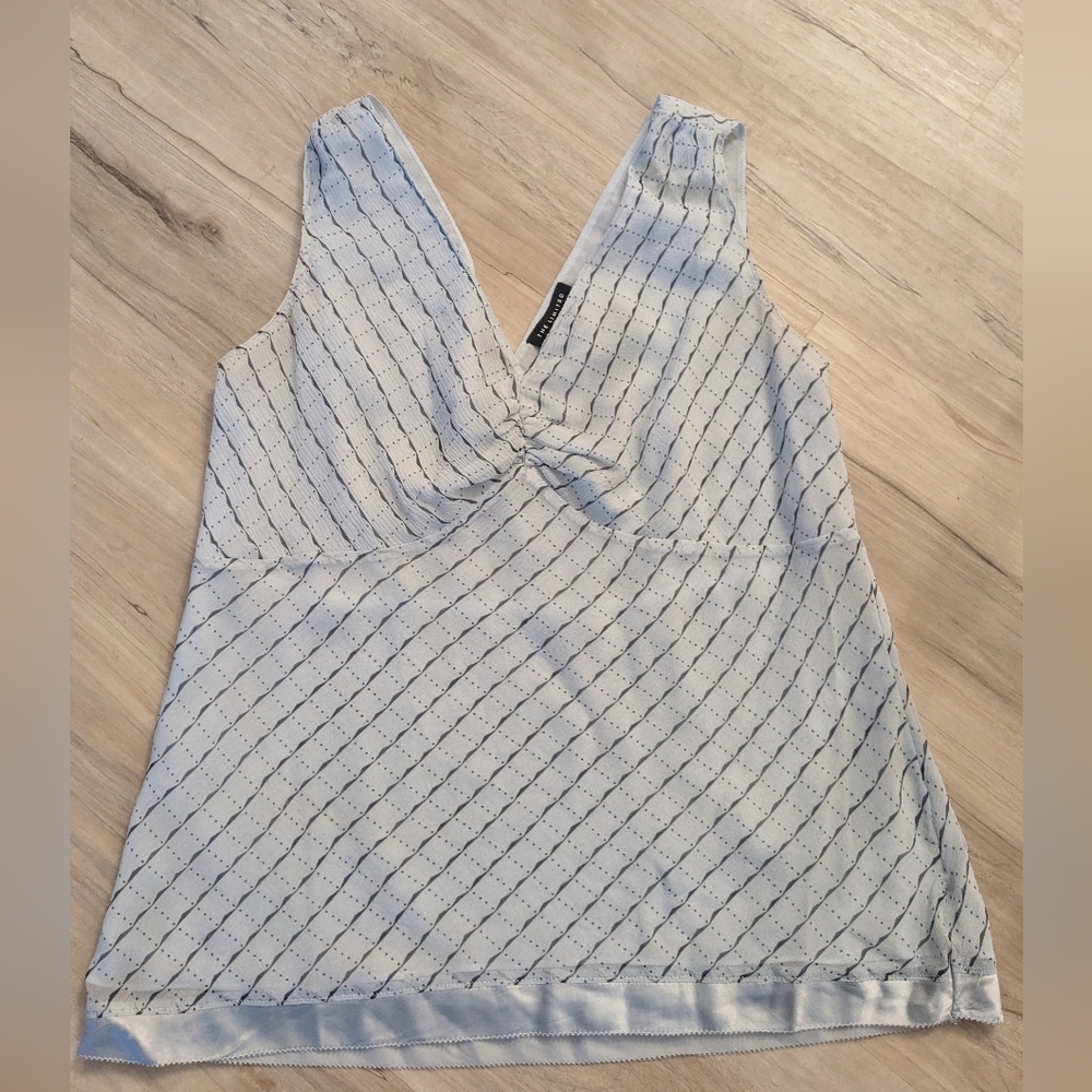 The Limited Light Blue V-Neck Twist Tank with Navy Dot Stripes